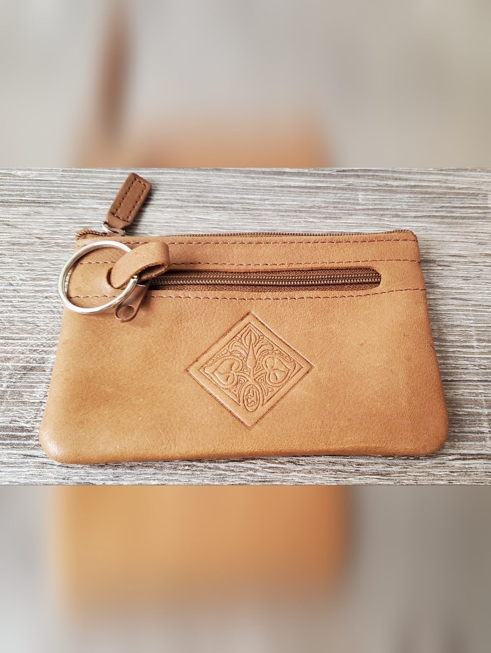 Embossed Leather Zip Key Coin Pouch - Tan